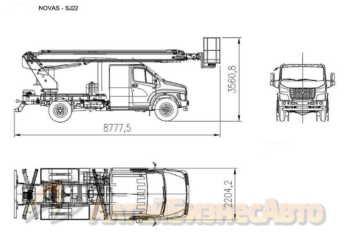 Схема габаритных размеров автовышки Novas-SJ 22 на шасси ГАЗон NEXT